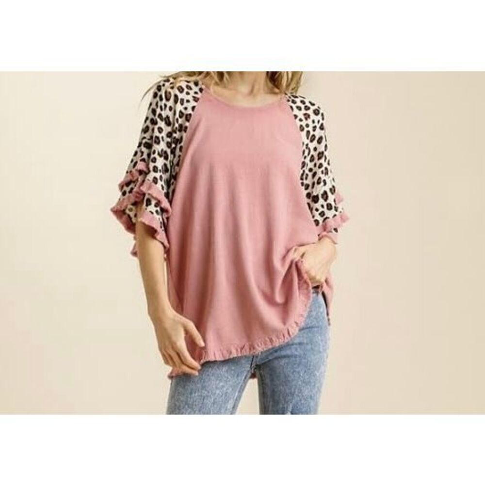 Umgee Women's Leopard Frayed Bell Sleeve Tunic Top Size Large